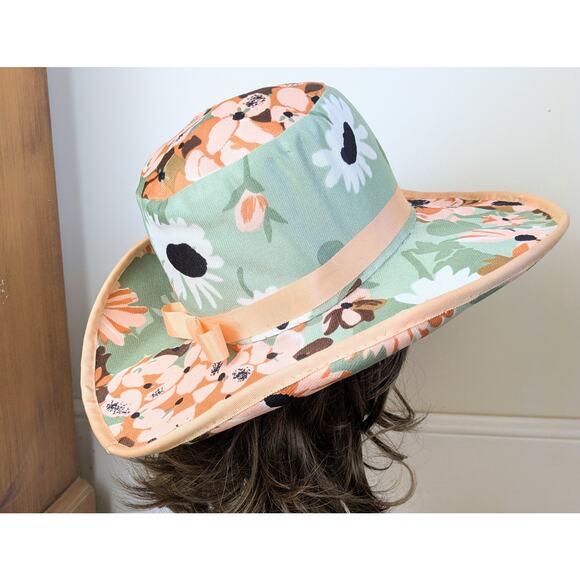 Handcrafted Hat Wide Brim Mint Peach Floral Ribbon Band Garden Cottagecore Med - Picture 6 of 12